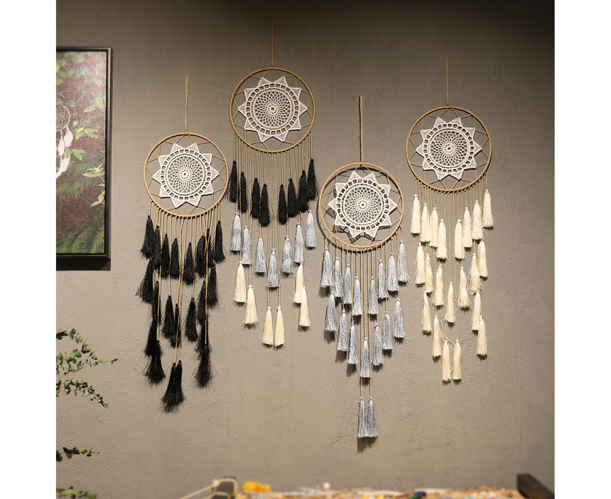 Round Handmade Wall Hanging Wind Chime Dream Catcher with Tassel Home Decor-White - Image 4