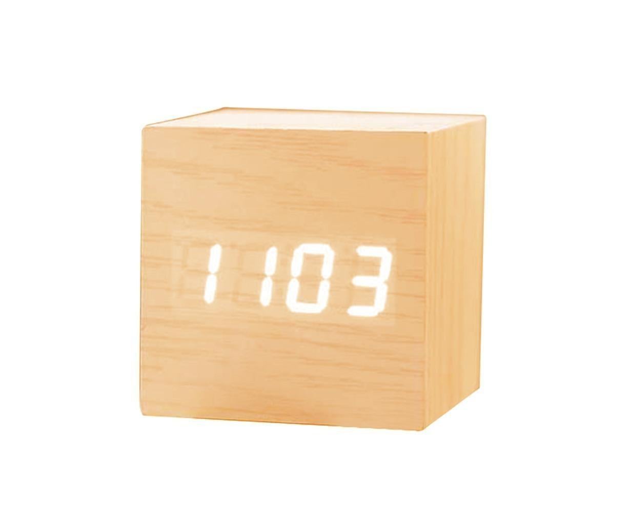 Wooden Sound Control Square LED Digital USB/AAA Electronic Table Alarm Clock - Beige Yellow - Image 1