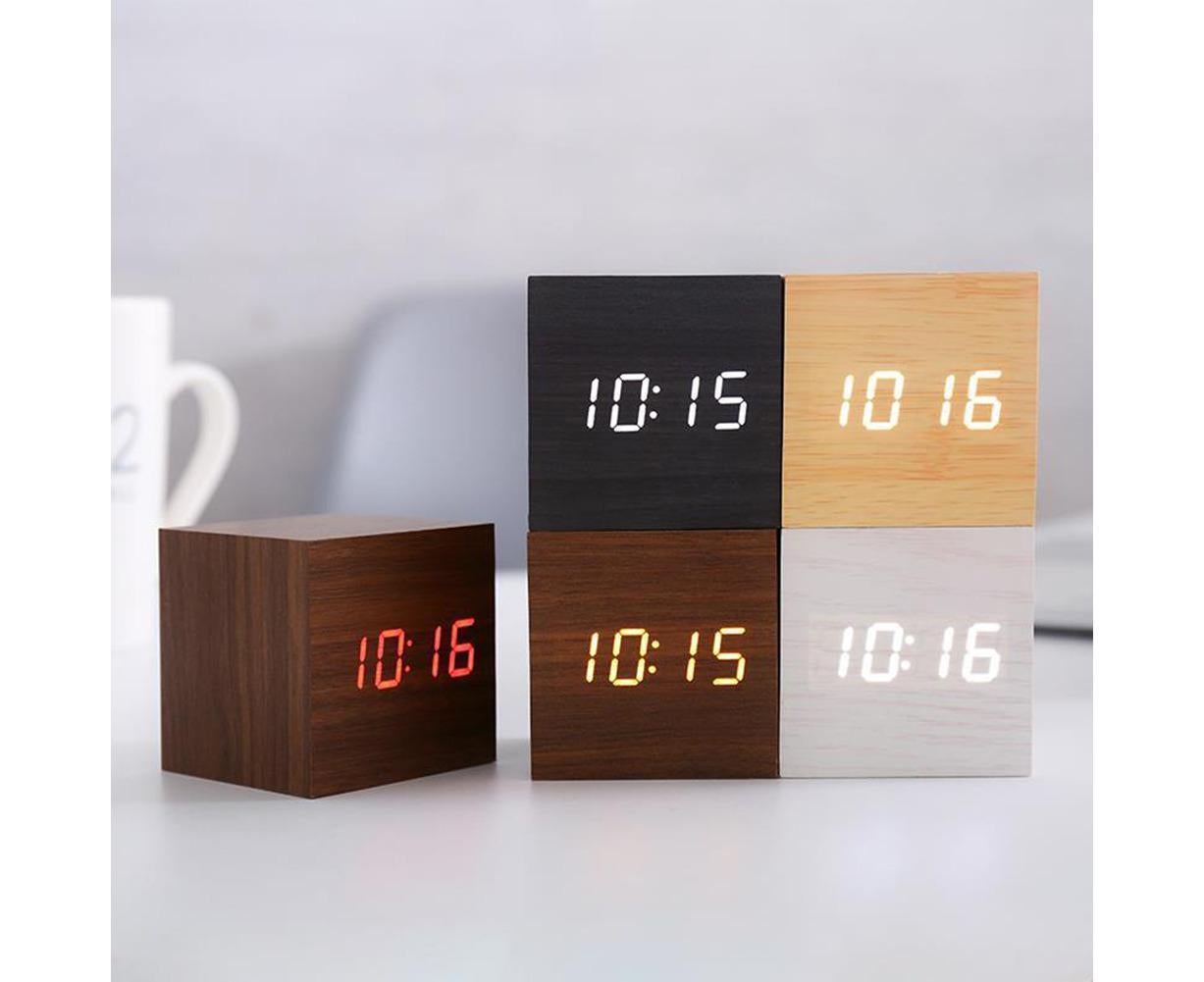 Wooden Sound Control Square LED Digital USB/AAA Electronic Table Alarm Clock - Beige Yellow - Image 2