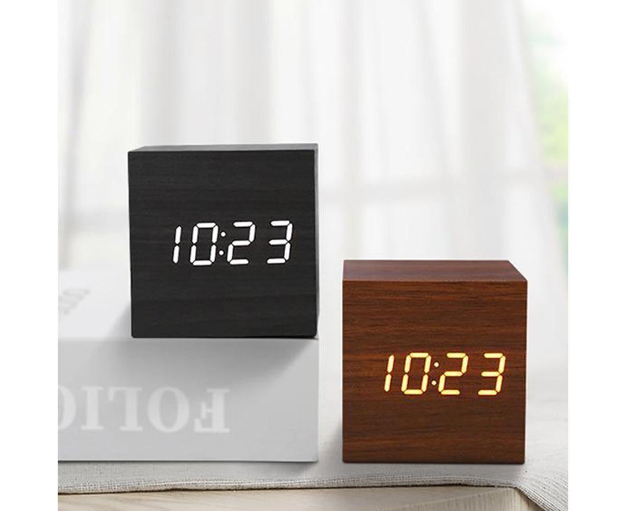 Wooden Sound Control Square LED Digital USB/AAA Electronic Table Alarm Clock - Beige Yellow - Image 3