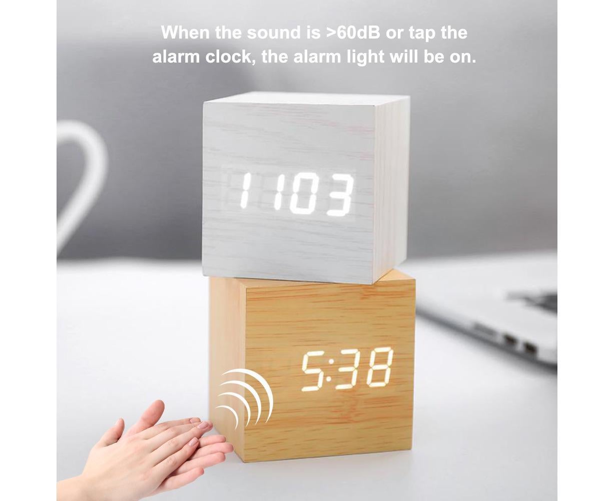 Wooden Sound Control Square LED Digital USB/AAA Electronic Table Alarm Clock - Beige Yellow - Image 4