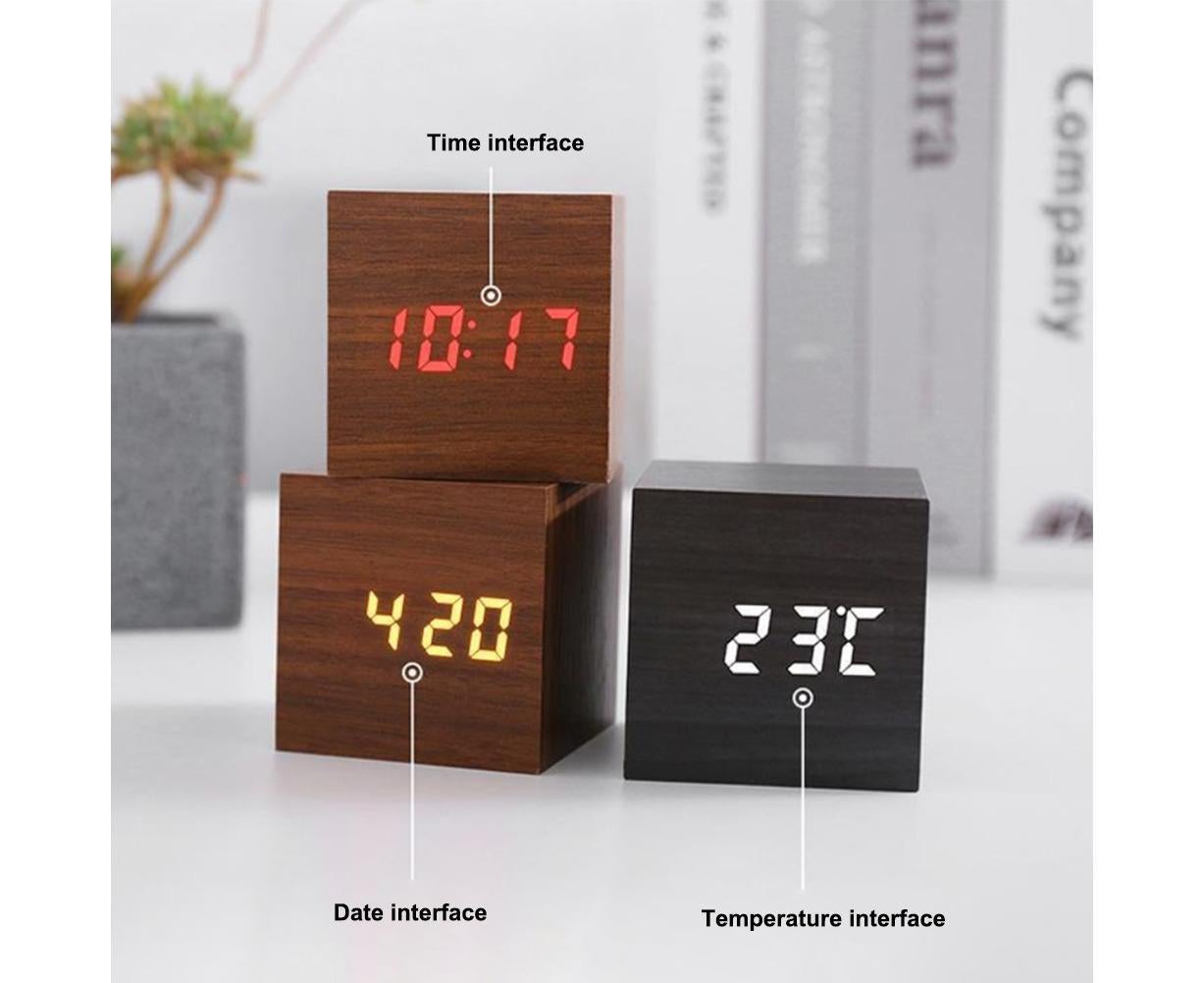 Wooden Sound Control Square LED Digital USB/AAA Electronic Table Alarm Clock - Beige Yellow - Image 6