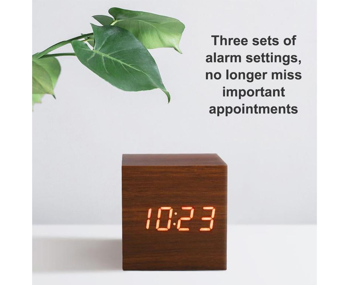 Wooden Sound Control Square LED Digital USB/AAA Electronic Table Alarm Clock - Beige Yellow - Image 8