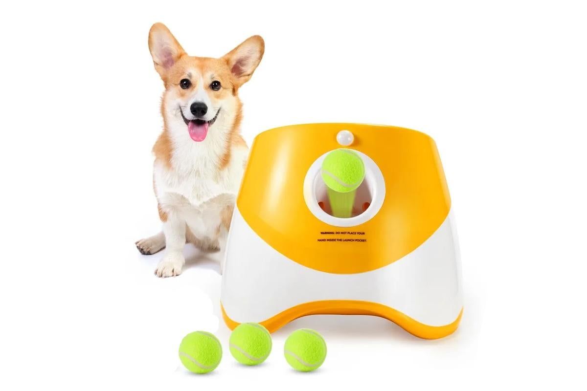 Dog Ball Launcher Thrower Automatic Tennis Fetch Throwing Machine with 3 Balls -Orange - Image 1