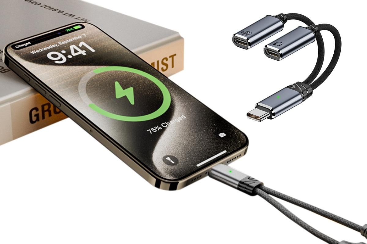 2 In 1 Audio Charger Splitter Dual USB C Headphone And Charger Adapter Audio Dongle Cable - Grey - Image 1