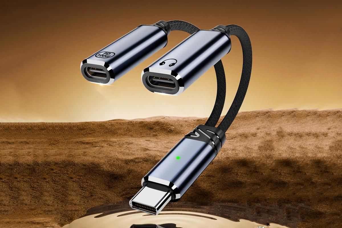 2 In 1 Audio Charger Splitter Dual USB C Headphone And Charger Adapter Audio Dongle Cable - Grey - Image 2