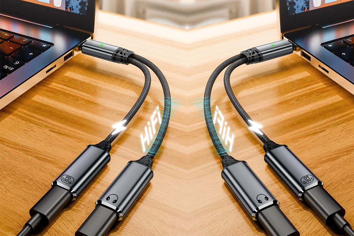 2 In 1 Audio Charger Splitter Dual USB C Headphone And Charger Adapter Audio Dongle Cable - Grey - Image 4