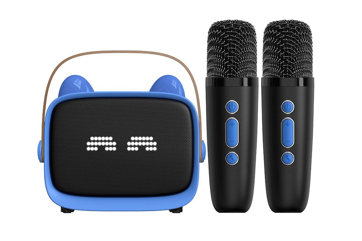 Mini Karaoke Machine Toys Gifts Portable MP3 Player with 2 Wireless Microphone - Blue - Image 2