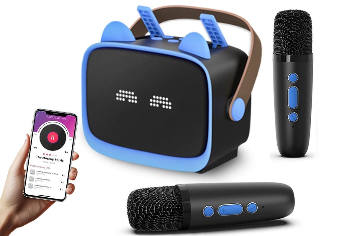 Mini Karaoke Machine Toys Gifts Portable MP3 Player with 2 Wireless Microphone - Blue - Image 3