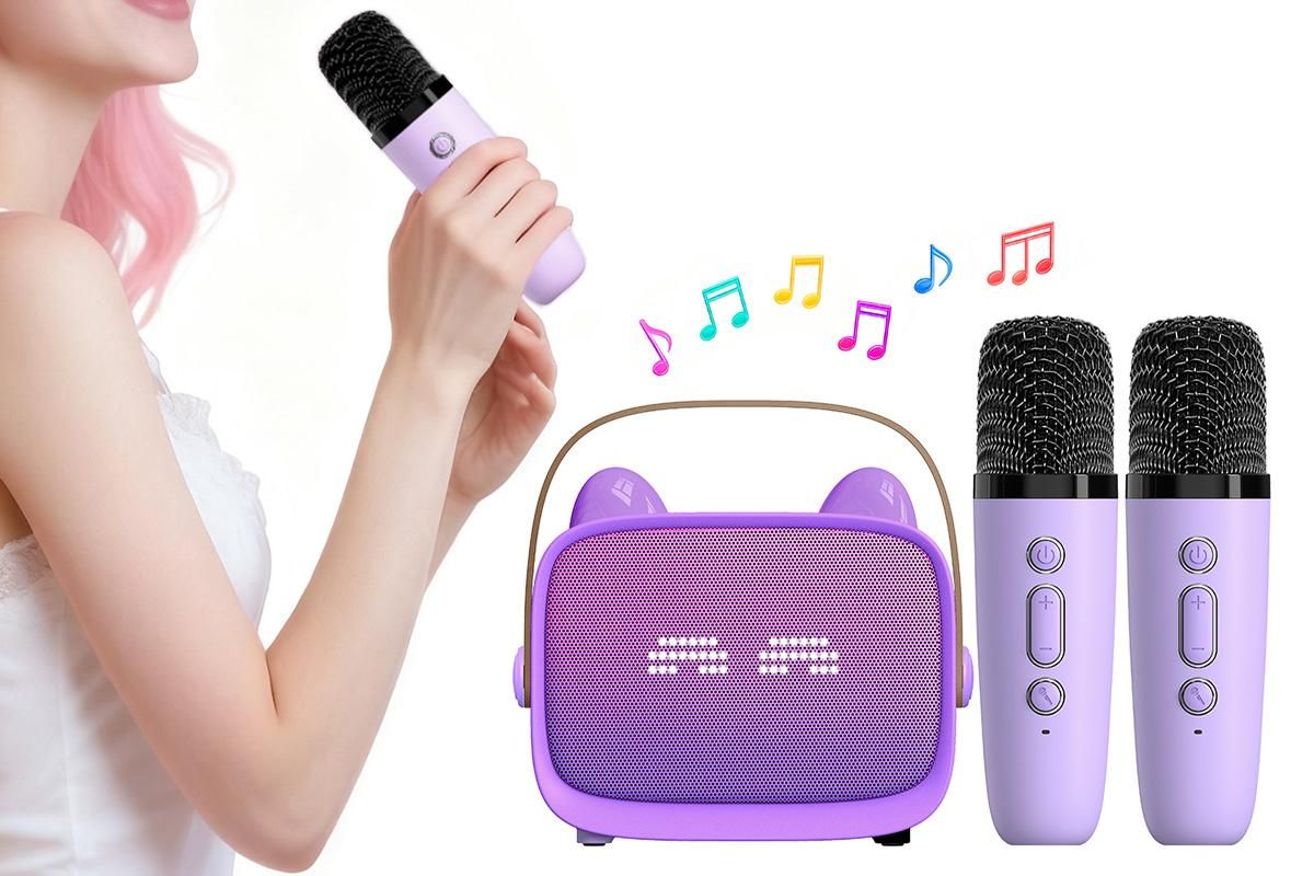 Mini Karaoke Machine Toys Gifts Portable MP3 Player with 2 Wireless Microphone - Purple - Image 1