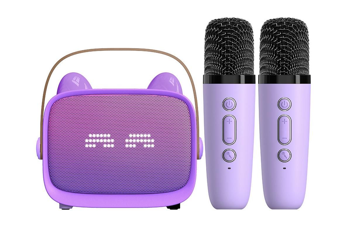 Mini Karaoke Machine Toys Gifts Portable MP3 Player with 2 Wireless Microphone - Purple - Image 2