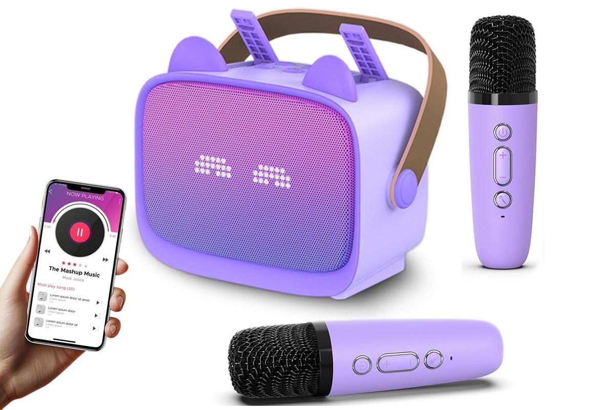 Mini Karaoke Machine Toys Gifts Portable MP3 Player with 2 Wireless Microphone - Purple - Image 3