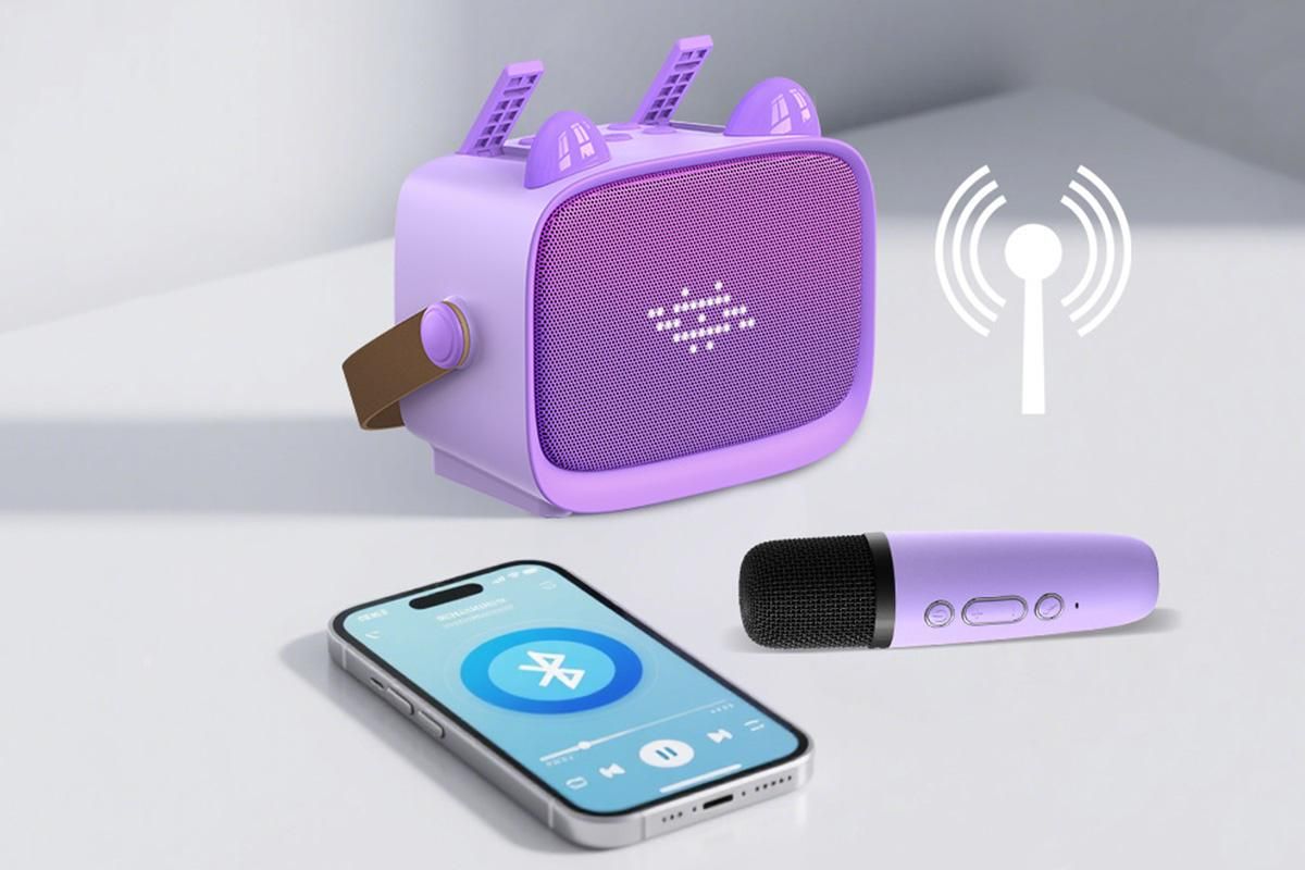 Mini Karaoke Machine Toys Gifts Portable MP3 Player with 2 Wireless Microphone - Purple - Image 5