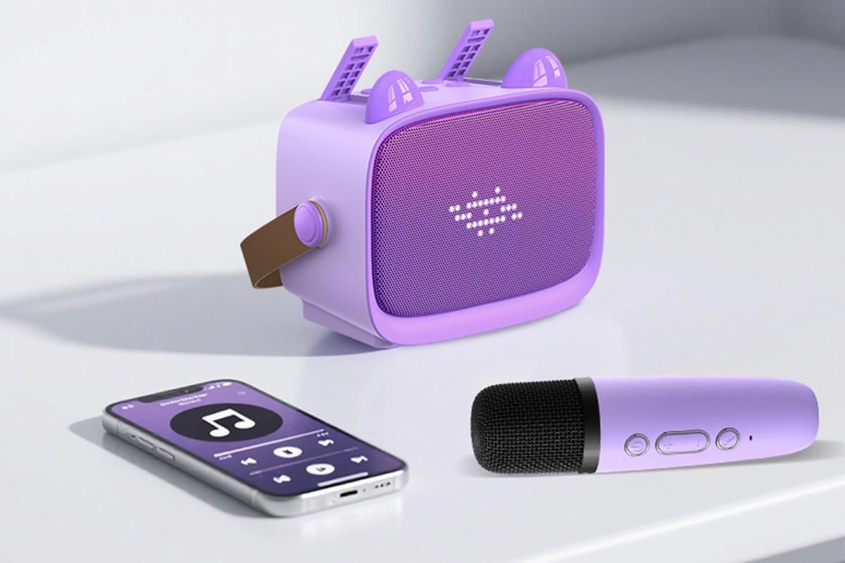 Mini Karaoke Machine Toys Gifts Portable MP3 Player with 2 Wireless Microphone - Purple - Image 6