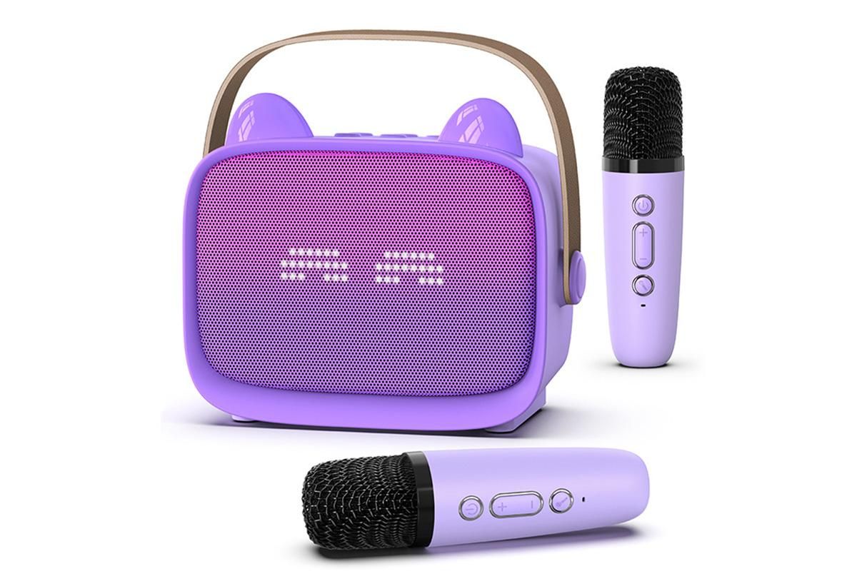 Mini Karaoke Machine Toys Gifts Portable MP3 Player with 2 Wireless Microphone - Purple - Image 7