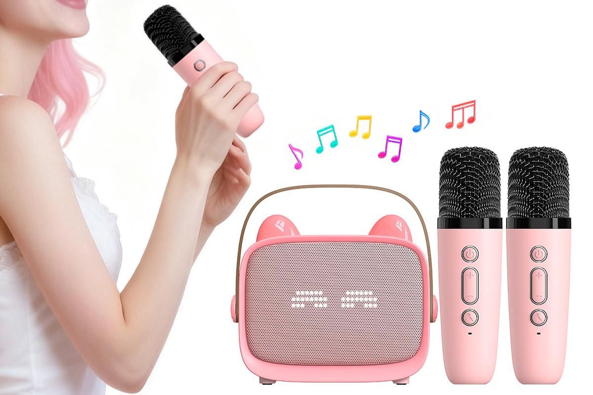 Mini Karaoke Machine Toys Gifts Portable MP3 Player with 2 Wireless Microphone - Pink - Image 1