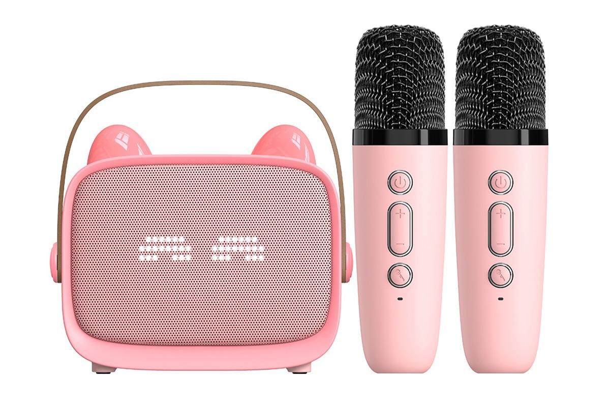 Mini Karaoke Machine Toys Gifts Portable MP3 Player with 2 Wireless Microphone - Pink - Image 2
