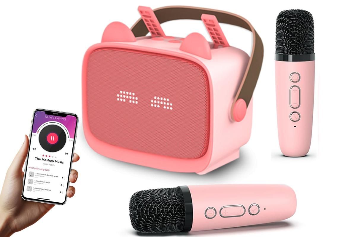 Mini Karaoke Machine Toys Gifts Portable MP3 Player with 2 Wireless Microphone - Pink - Image 3