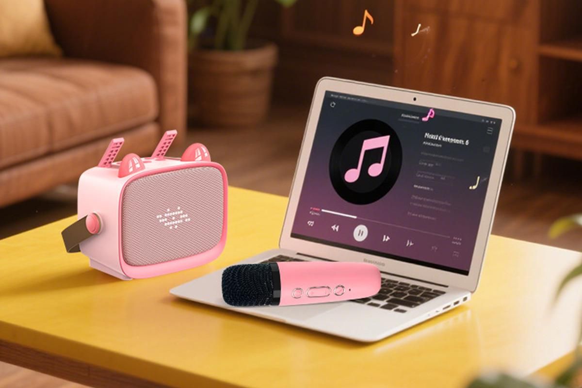 Mini Karaoke Machine Toys Gifts Portable MP3 Player with 2 Wireless Microphone - Pink - Image 4