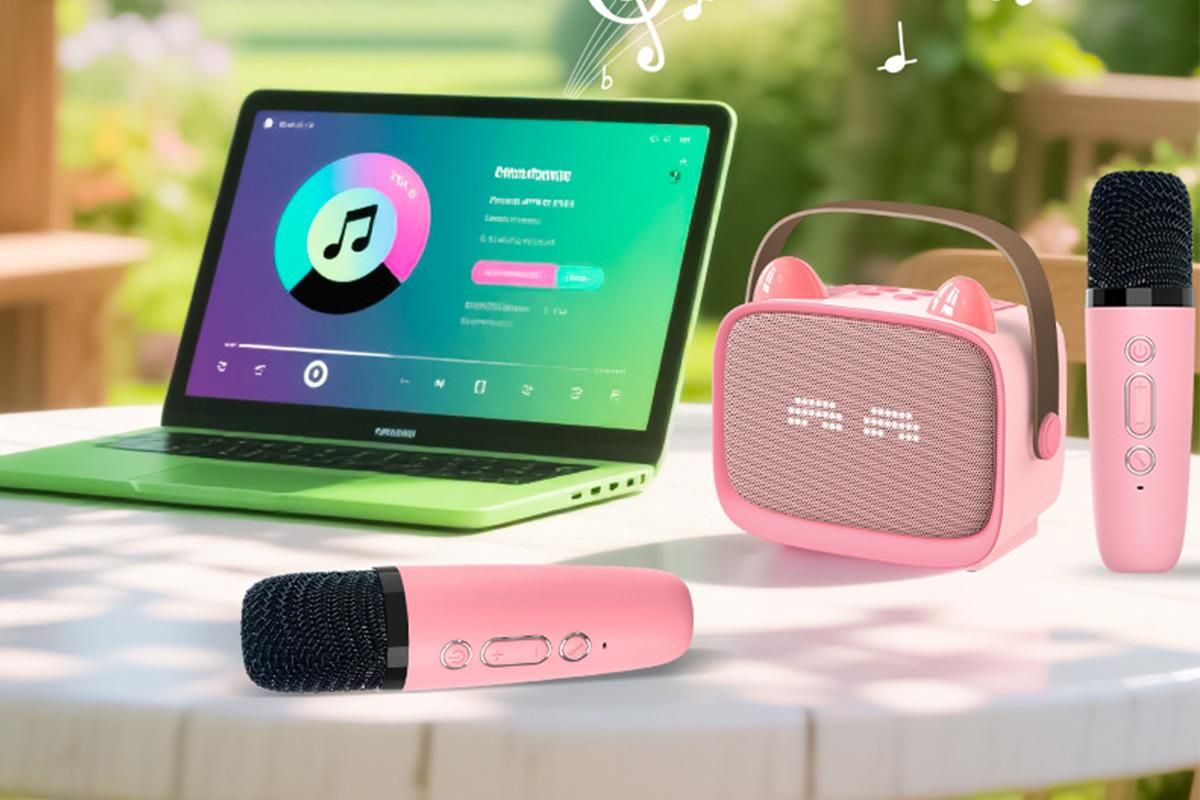 Mini Karaoke Machine Toys Gifts Portable MP3 Player with 2 Wireless Microphone - Pink - Image 5