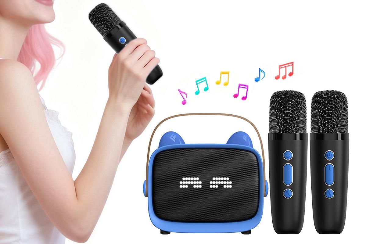 Mini Karaoke Machine Toys Gifts Portable MP3 Player with 2 Wireless Microphone - Pink - Image 8