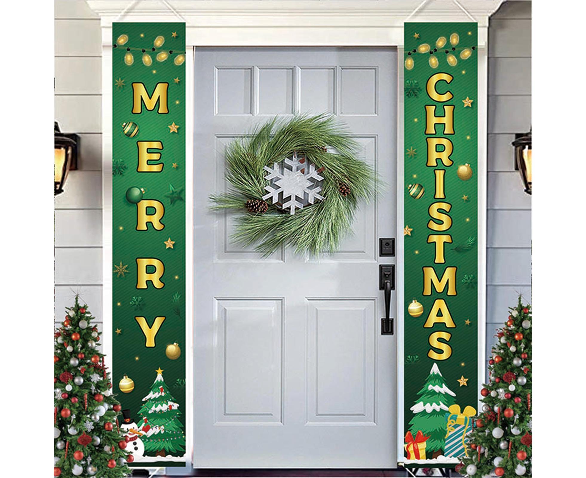 1 Pair Christmas Couplet Scene Layout Thicker Xmas Porch Sign Hanging Banner Party Supplies-Green - Image 2