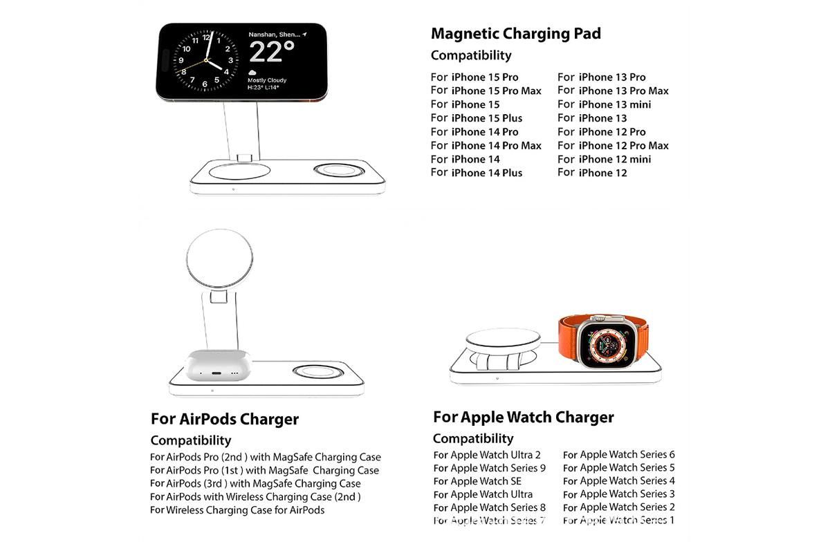 3 in 1 Charging Station for iPhone Wireless Charger Wireless Charger Dock for Apple Watch iPhone AirPods -Black - Image 3