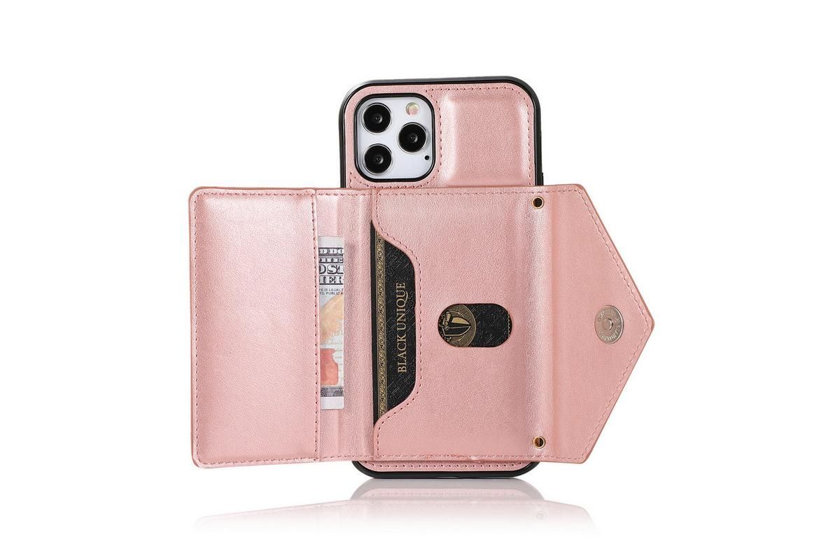PU Leather Crossbody Phone Case Cover Wallet Card Holder for iPhone 13 Series -Rose Gold /iPhone13 Pro 6.1 - Image 1
