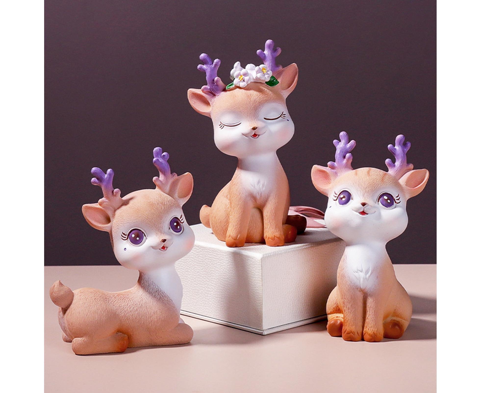 Cartoon Small Deer Resin Reindeer Craft Miniature Desktop Ornaments Car Decor- B - Image 3