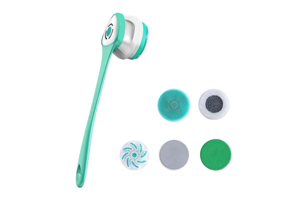 Electric Body Brush for Back with 5 Interchangeable Heads Long Handle for Spa Shower - Green - Image 1
