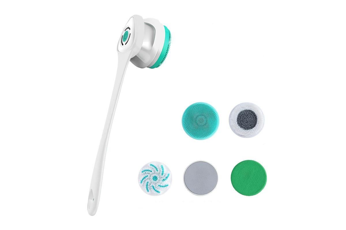 Electric Body Brush for Back with 5 Interchangeable Heads Long Handle for Spa Shower - Green - Image 6