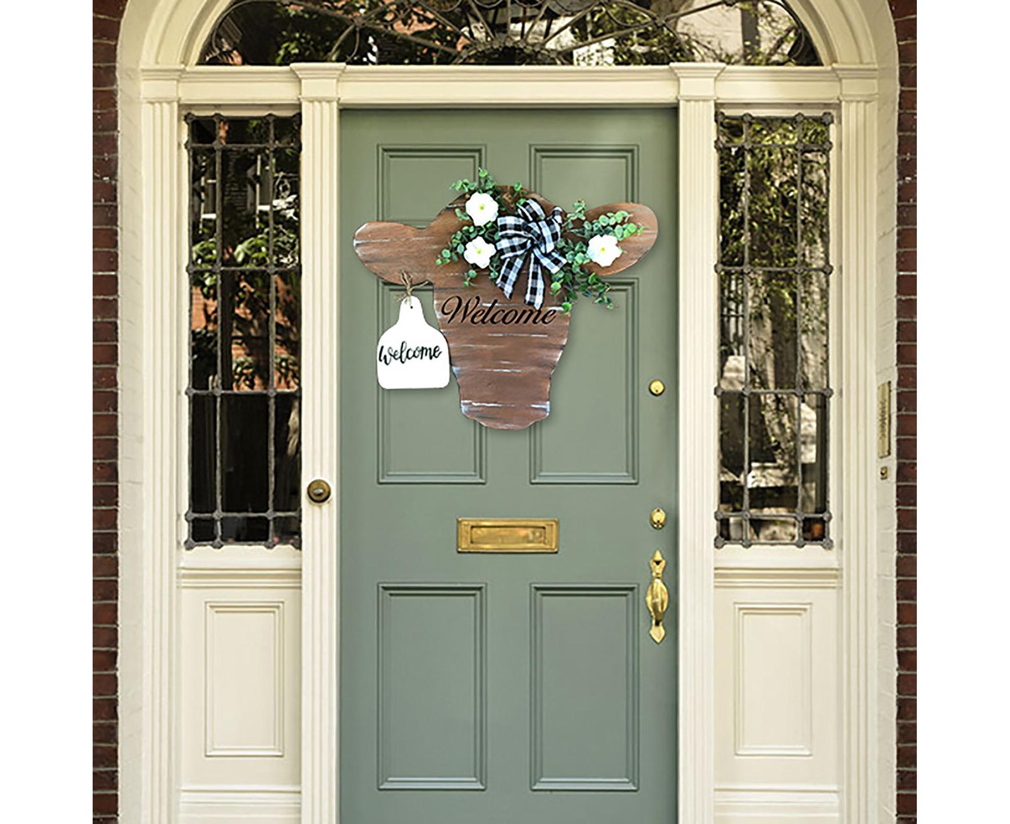 Welcome Porch Sign Cow Head Shaped DIY Craft Acrylic Ornamental Front Door Hanger for Home-Brown - Image 2
