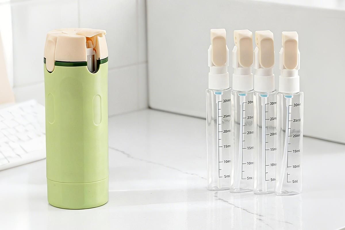 4 in 1 Travel Dispenser with 30ml Travel Bottles Travel Bottles for Shampoo Lotion - Green - Image 3