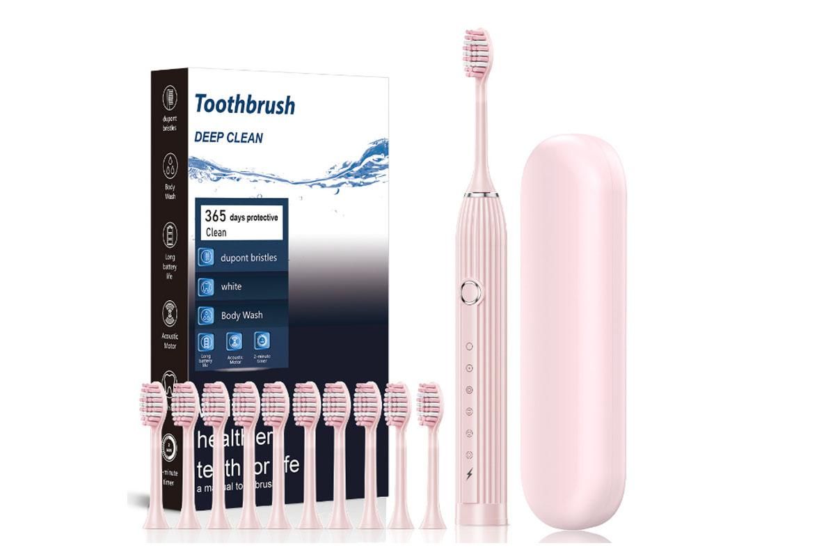 Electric Toothbrush with 10 Brush Heads and Travel Case Rechargeable Toothbrush Sets -Pink - Image 1