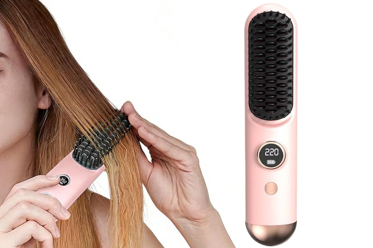 Cordless LCD Hair Straightening Brush 2-in-1 Portable Styling Tool for Travel - Pink - Image 1