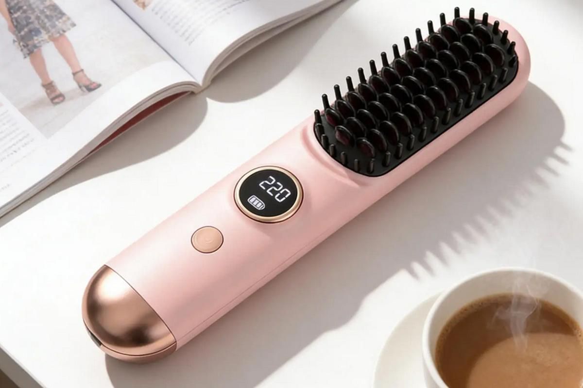 Cordless LCD Hair Straightening Brush 2-in-1 Portable Styling Tool for Travel - Pink - Image 3