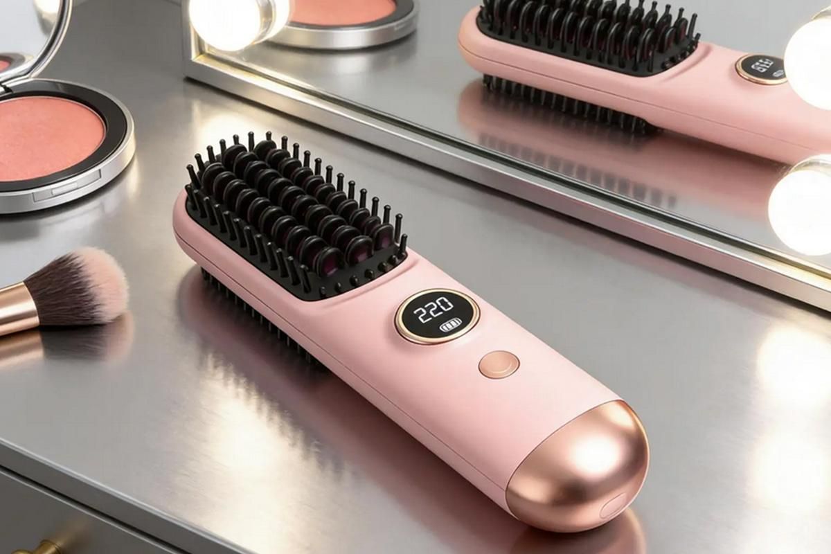 Cordless LCD Hair Straightening Brush 2-in-1 Portable Styling Tool for Travel - Pink - Image 5