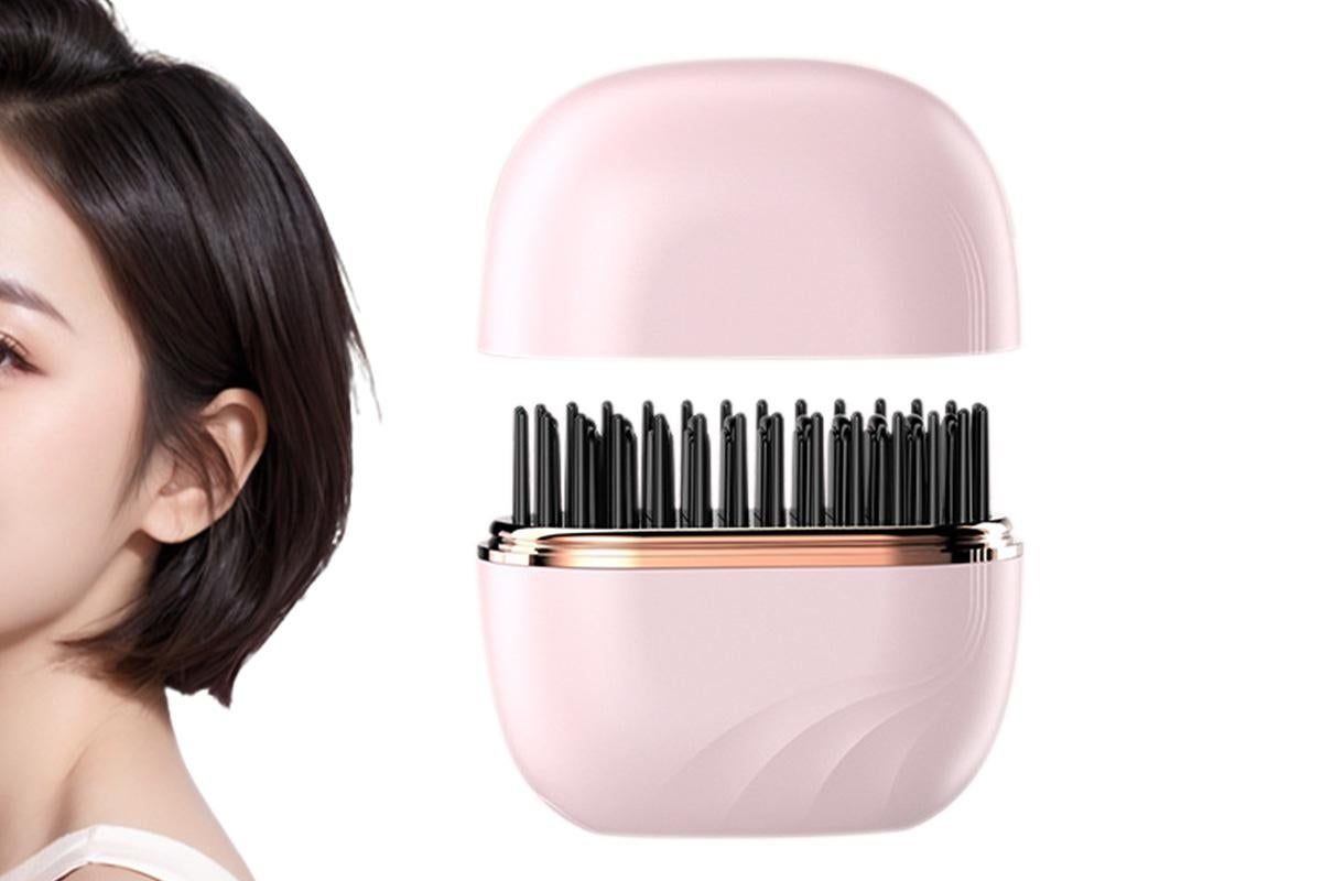 Mini Hair Straightener Rechargeable Wireless Portable Hair Comb for Women - Pink - Image 1