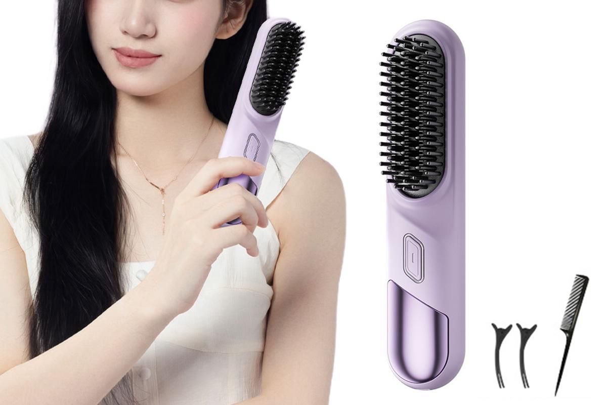 Portable Cordless Heated Straightening Brush for Travel Cordless Hair Straightener Brush Comb Straightener for Women -Purple - Image 1