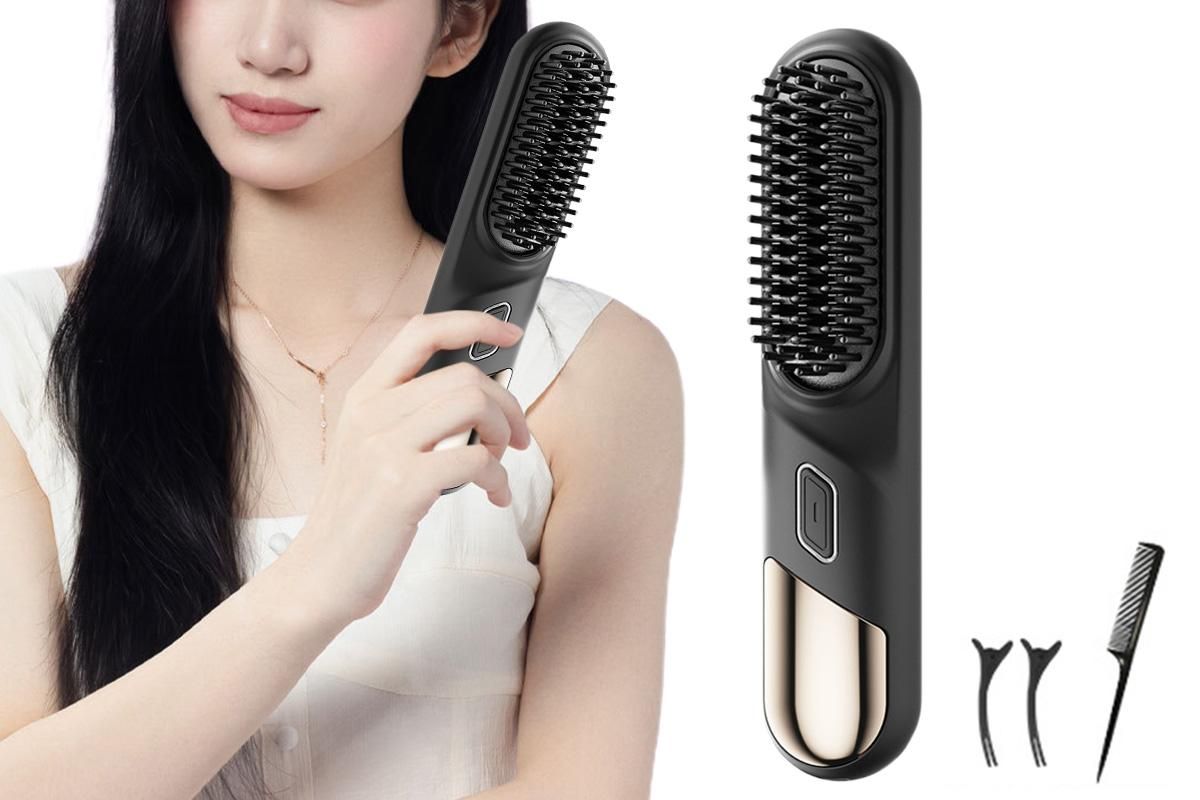 Portable Cordless Heated Straightening Brush for Travel Cordless Hair Straightener Brush Comb Straightener for Women -Black - Image 1