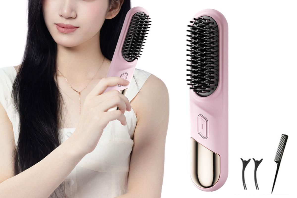 Portable Cordless Heated Straightening Brush for Travel Cordless Hair Straightener Brush Comb Straightener for Women -Pink - Image 1