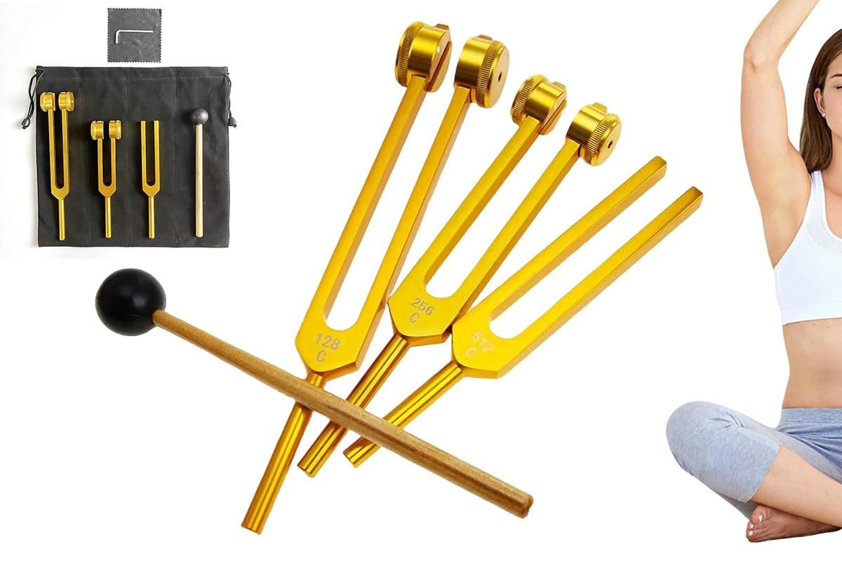 3Pcs Aluminum Tuning Forks Set 128Hz 256Hz 512Hz for Sound Healing Yoga Meditation - Gold - Image 1