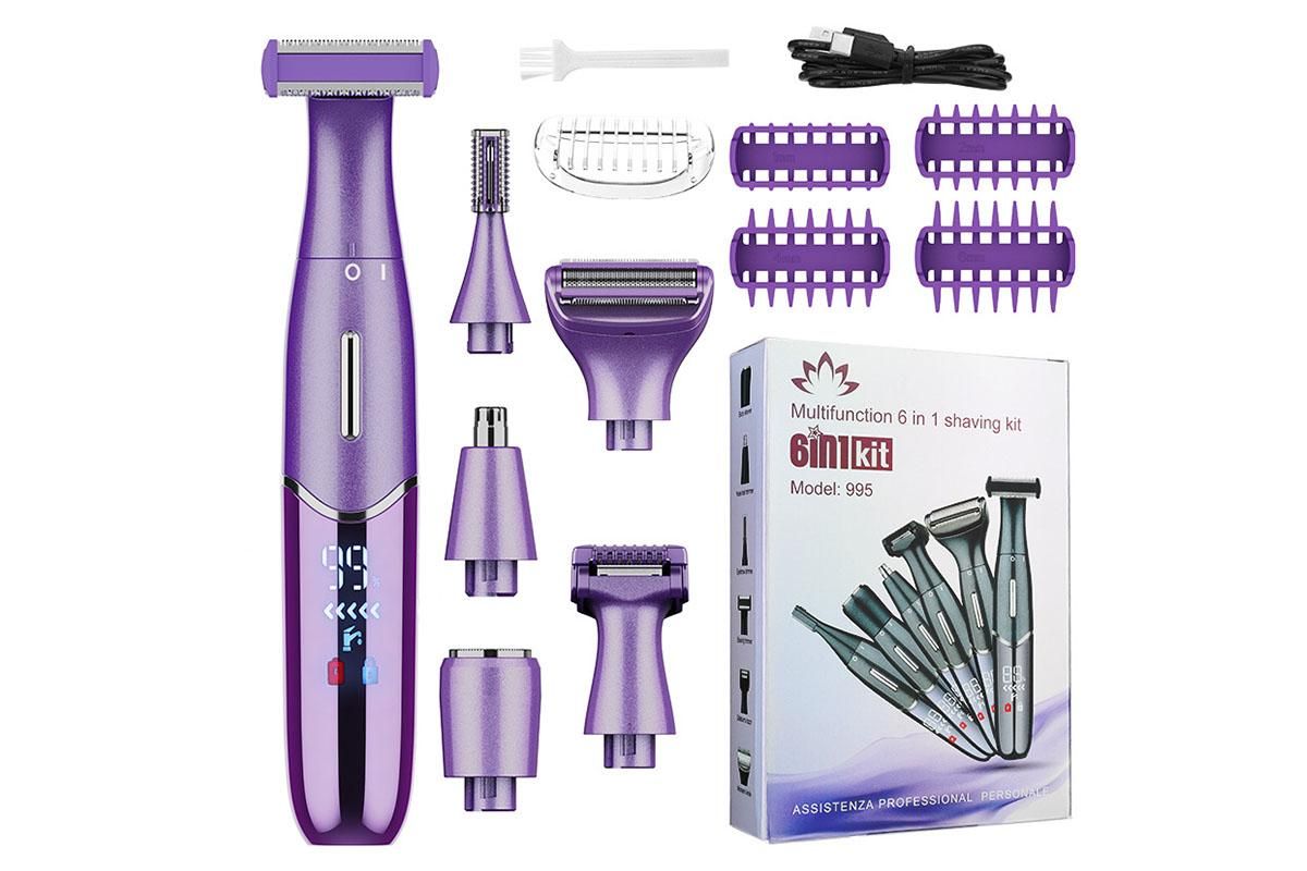 6-in-1 Women Electric Shaver Replaceable Heads for Whole Body Private Epilator Shaving Razor - Purple - Image 1
