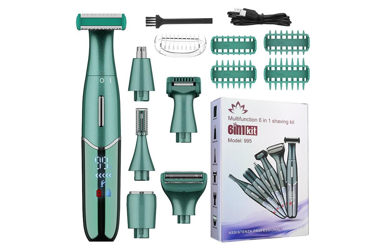6-in-1 Women Electric Shaver Replaceable Heads for Whole Body Private Epilator Shaving Razor - Green - Image 1