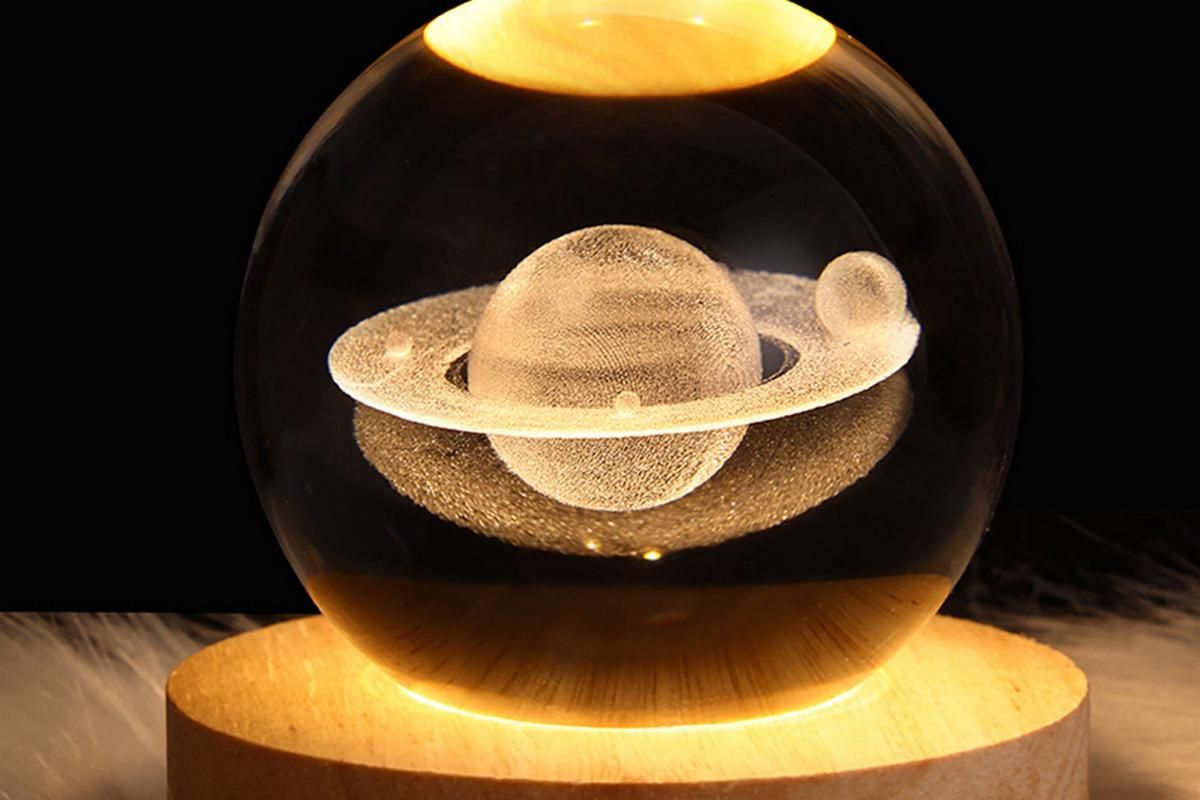 3D Milky Way System Ball with LED Stand Base Romantic Decor 3D Galaxy Crystal Ball Night Light Glass Sphere Paperweight Decorative Balls Birthday Christmas Gifts for Boys Girls - Saturn - Image 1