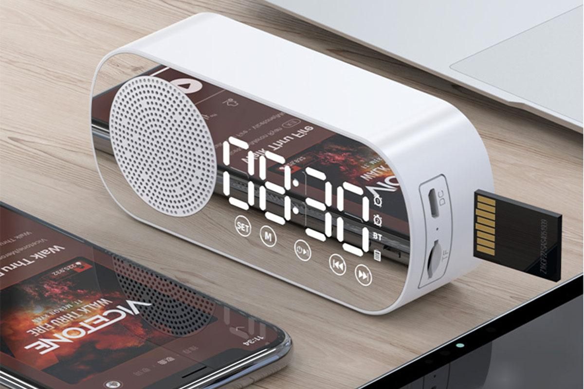 FM Speaker LED Display Portable Alarm Clock Home Decor Bluetooth Digital Radio - White - Image 4
