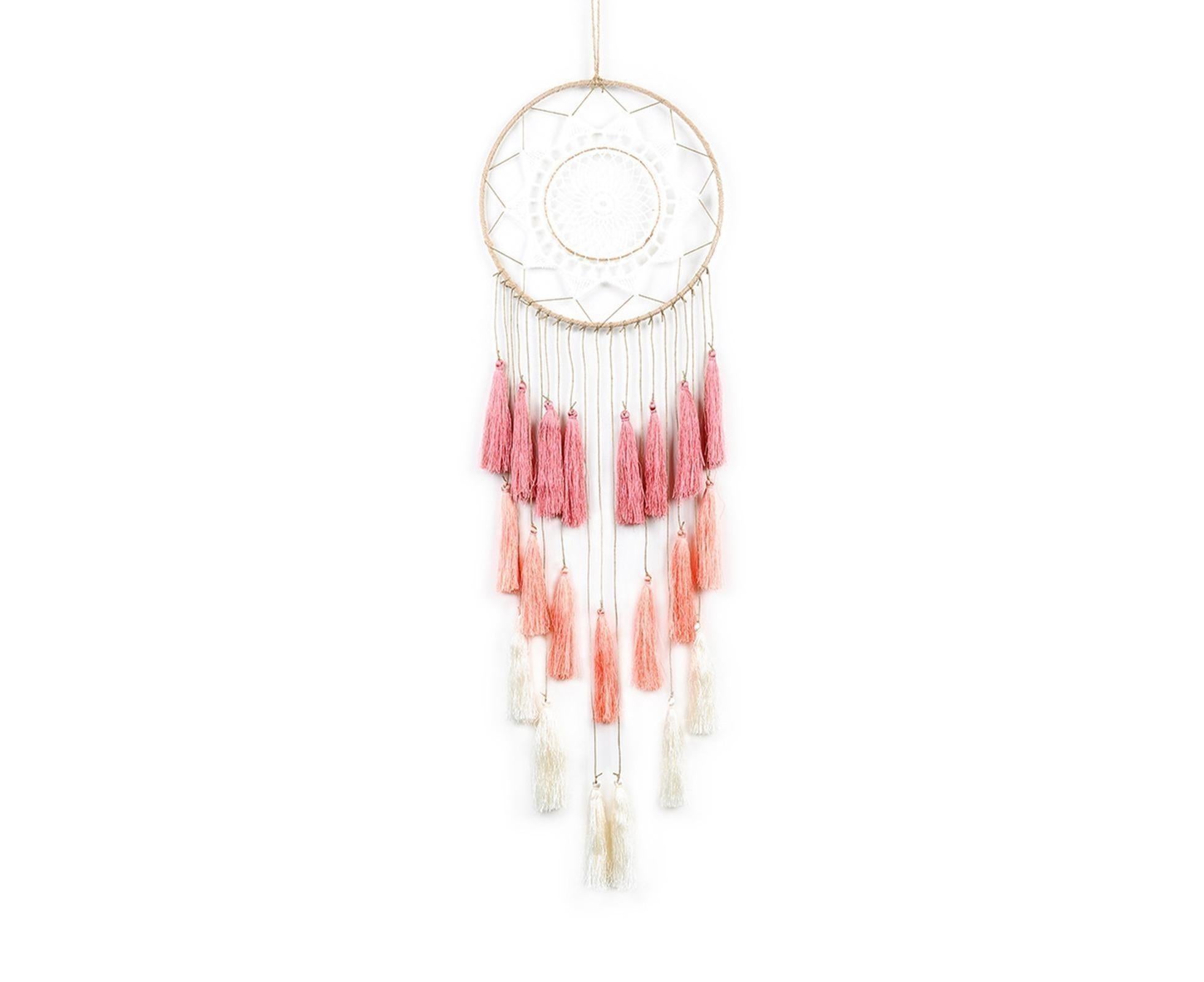 Round Handmade Wall Hanging Wind Chime Dream Catcher with Tassel Home Decor-Pink - Image 1