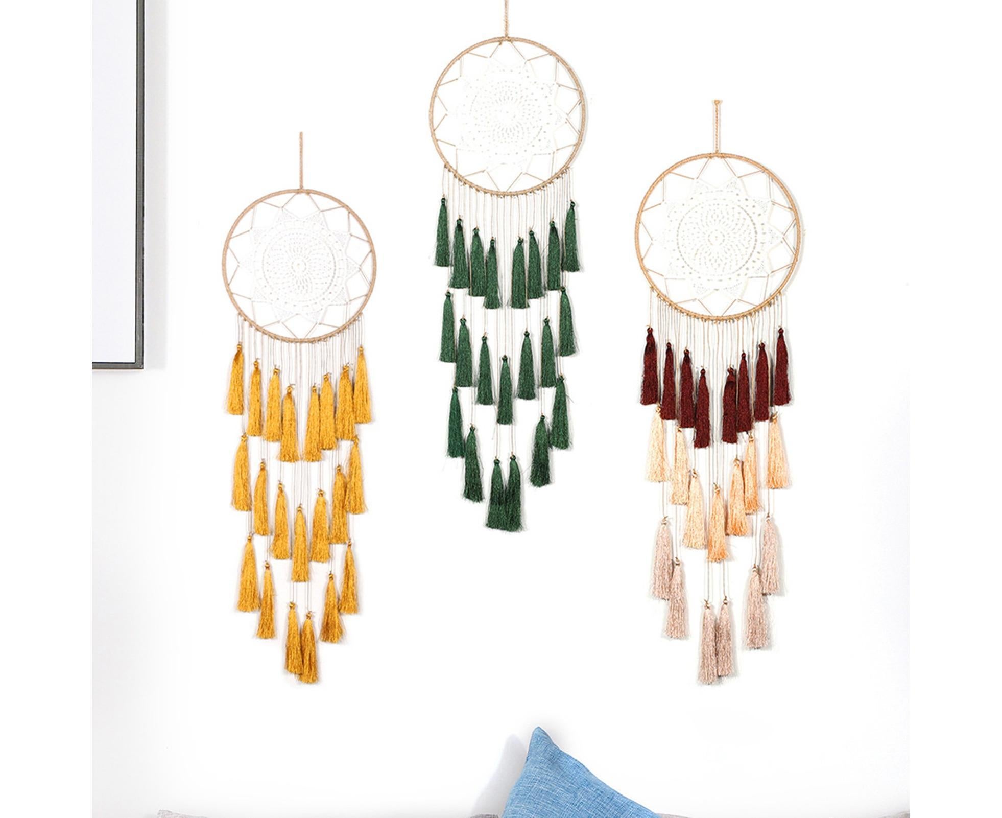 Round Handmade Wall Hanging Wind Chime Dream Catcher with Tassel Home Decor-Pink - Image 3
