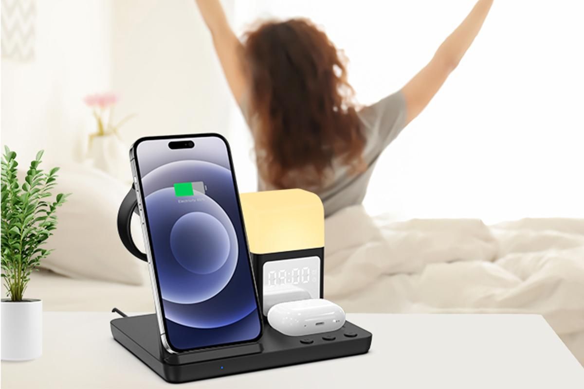 6 in 1 Charging Station with Alarm Clock Wireless Charger with Night Light for Smartphone/Watch/Earbuds Fast Charging Station - Image 3