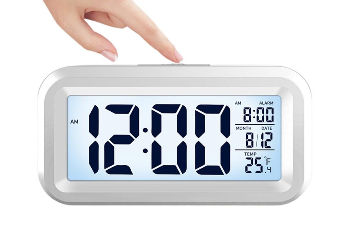 Desk Small Clock Night Light Digital Alarm Clock Battery Operated with Indoor Temperature -White - Image 1